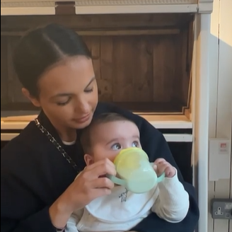 mom and baby on kichen counter