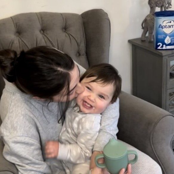 mom and baby on kichen counter